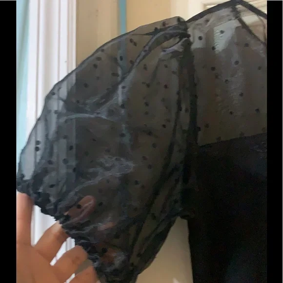 B.DARLIN Puff Sleeve Mesh Flocked Dot Sheath Dress - Picture 8 of 11